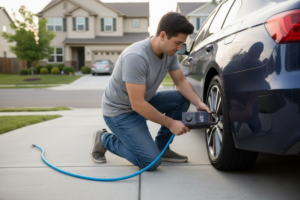 Cordless tire inflator for car being used at home driveway