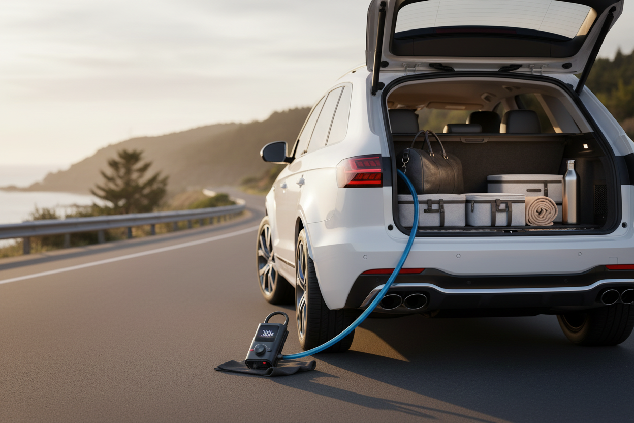 Wireless tire inflator portable pump beside modern SUV for convenient roadside tire inflation in 2026