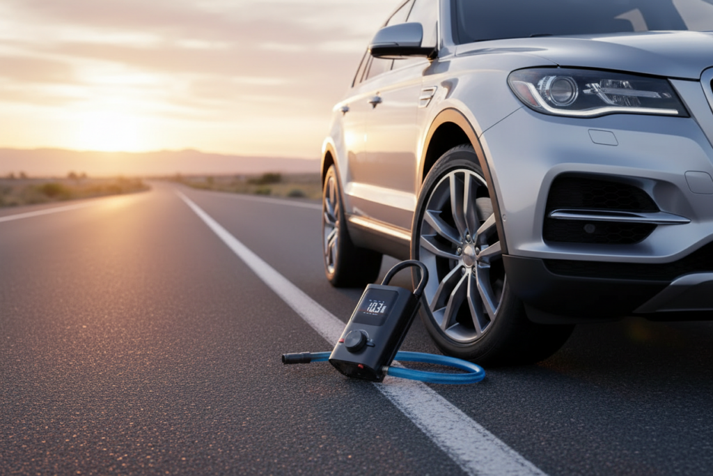 Wireless tire inflator portable pump next to SUV on roadside in 2026
